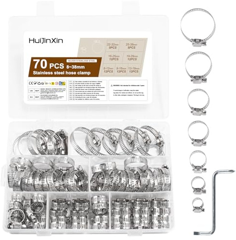 70 Stk Schlauchschellen Set, 8-38mm Schlauchschellen Edelstahl Verstellbare Schlauchklemmen Set, Einstellbare Schraubschellen, Rohrschellen Rohrklemmen Sortiment für Gas Rohr Pool Schlauch Schellen