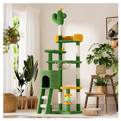 Rascador Gato con Forma de Cactus con Torre Y Cápsula Espacial Árbol para Gatos de Varios Niveles con Rascadores de Sisal Incluye Cama para Gatos Y Escalera para Trepar Base Resistente con Pelota
