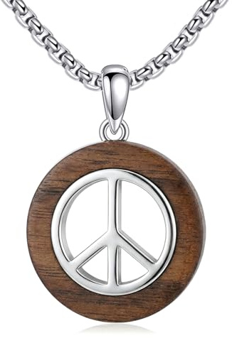 CUPENDA trä fredstecken kedja 925 sterlingsilver hippie-stil fredssymbol hänge halsband retro träsmycken för kvinnor män fäder män