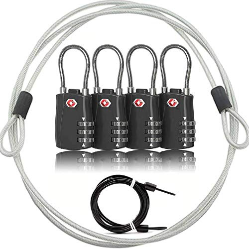 Lot de cadenas pour bagages TSA, cadenas à combinaison numérique et cadenas de sécurité de voyage à combinaison avec câble en acier, cadenas codé pour bagages de voyage (LuggageLocks-4)