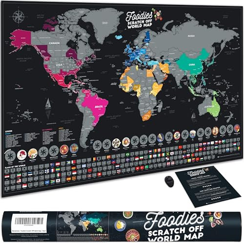 Bonanzana - Weltkarte zum Rubbeln XXL - 70 x 42 cm - Mit 25 Lebensmitteln & 197 Flaggen - Rubbelweltkarte Foodies mit Schaber - Scratch off World Map - Geschenk