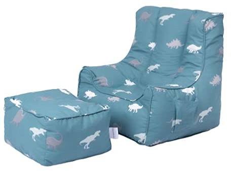 Färdig stadig säng barn bönpåse stol med fotpall | barn leksäker mjuk sits lekrum soffa | ergonomiskt designad småbarn fåtölj | bekväma barnmöbler (Rex)