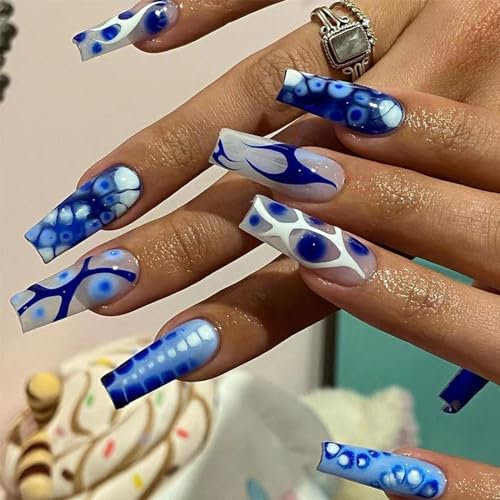 24pcs Long Coffin Press on Nails - Blue Ballerina Stick-on Acrylic Full Cover With Removable Glue - Art Accessories for Women and Girls