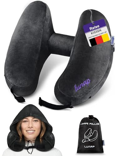 lunap Nackenkissen Flugzeug Aufblasbar mit Kapuze | Reisekissen Aufblasbar in H-Form | Nackenhörnchen Erwachsene Gr. L | Nackenkissen Aufblasbar mit 3 Zügen | Reisekissen Flugzeug Kissen Schwarz
