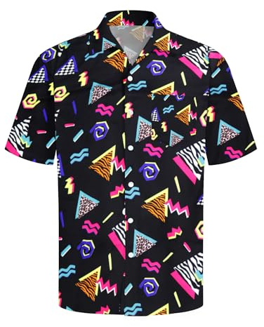 tiorhooe Camicia hawaiana da uomo anni '80, stile retrò, hawaiano, a maniche corte, con bottoni, Nero 1, XXXL