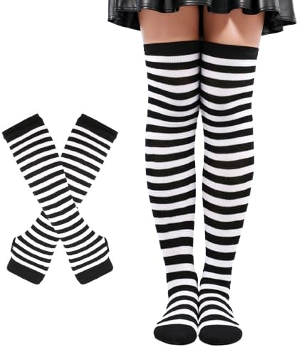 Vbxvsa Striped Handschuhe Kniestrümpfe Set Oberschenkelhohe Armstulpen Socken Gestreifte Strickhandschuhe Thigh High Socks Damen Streifen Armwärmer Fäustlinge Strümpfe(Weiß Schwarz Gestreift)