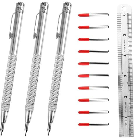 3 Stylos À Tracer En Carbure De Tungstène 55hrc Avec Pointe De Carbure Et 10 Pointes Métalliques Cylindriques De Rechange, Règle En Acier De 15 cm Et Queue Magnétique Pour Marquage Précis Sur Et Verre