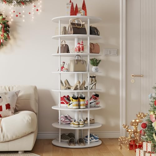 OCTORO 7-Stöckiges Schuhregal, 360° Drehbares Schuhregal, Rundes Aufbewahrungsregal, Platzsparend, Lazy-Susans-Ausstellungregal für Wohnzimmer und Schlafzimmer, Weiß