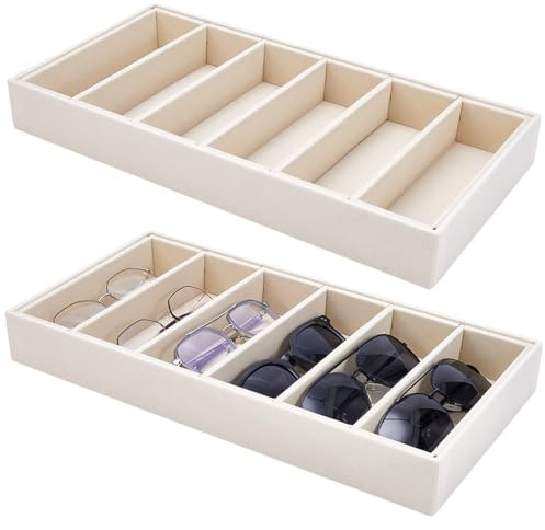 UNICRAFTALE 2 Stück Samt Sonnenbrillen Organizer Tablett Beige 6 Fächer Brillenetui Stapelbare Schmuckschalen Für Schmuckdisplay Uhren 38x19x4.6cm