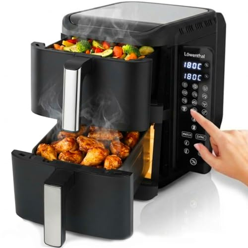 Löwenthal® Airfryer XL 11 L | Friteuse à air chaud 2×5,5 L | 2800W | Noir | Sync Finish & Match, 12 Programmes, Double friteuse sans huile, 60–200 °C, écran tactile numérique, 44,5×27,9×35,2 cm