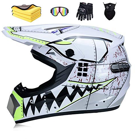 Wbeiba Casque De Motocross MX Pour Enfants, ATV D.O.T Certified, Multicolor Avec Lunettes Et Gants (White, S:52-56cm)