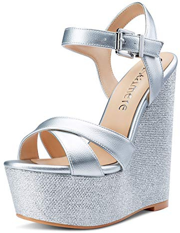 Castamere Scarpe col Tacco Donna Moda Sandali con Zeppa Plateau Wedge High Heels Argento Pu Scarpe EU 36