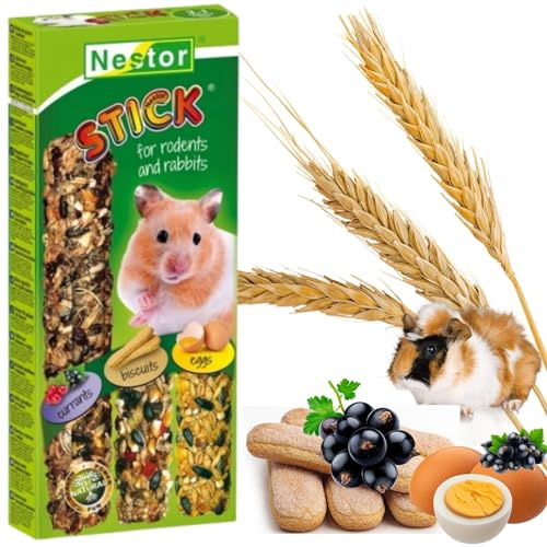 3x Hamster Rabbits Three Sticks Food CURRANTS + EGGS + BISCUITS Flavor Seed Treats 175g Guinea Pig Rat Mouse Gerbil Rodents Small Animal Pet Vegetable Fruit 3 in 1 Foods Degu Snacks