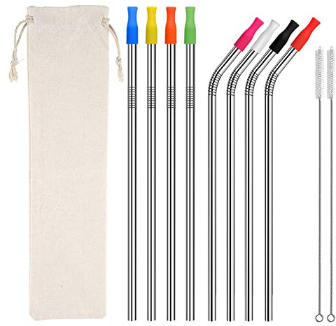 MVS Wholesale 19 Piece Set, 8 Reusable Eco Friendly Silver Metal Stainless Steel Drinking Straws, 2 Cleaning Brushes, 1 Storage Bag, 8 Silicon Tips 4 Straight, 4 Bent, Smoothie, Hot Drinks (SSS0101S)