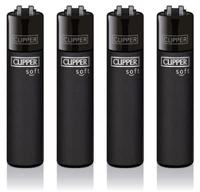 Original Clipper Feuerzeuge Einfarbig 4er Set (z.B. Soft Touch, Crystal, Metalic, solid Fluro) + 1 Clipper DHOBIA Feuerzeug GRATIS (Soft Touch S.E. 2 - Schwarz)
