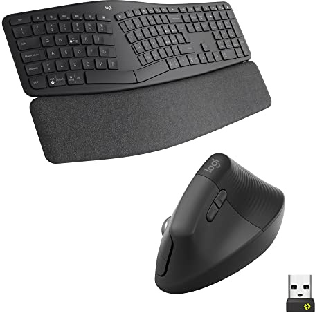 Logitech ERGO K860 Tastiera wireless split con supporto polsi e mouse ergonomico verticale Lift Left, per mancini, Bluetooth, USB, silenzioso, Windows/macOS/iPadOS, Laptop, PC, QWERTY IT - Grigio | Tastiera wireless split, mouse ergonomico mancini, Bluetooth, USB, Win/macOS/iPadOS - Grigio