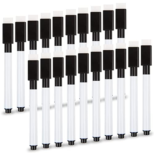 VEYLIN Whiteboard Pens, 20PCS Black Small Dry Wipe Whiteboard Marker Pens with Eraser Fine Tip Whiteboard Pen for Kids