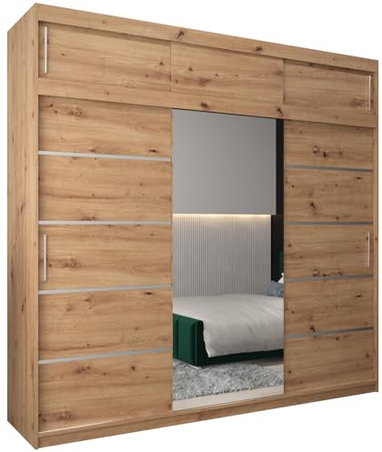 MEBLE KRYSPOL Kleiderschrank mit Spiegel Verona 2 - Garderobenschrank - Schrank Schlafzimmer - Mehrzweckschrank DREI Schiebetüren - Regalen - Flur Möbel - Kleiderstange Schrank - Allzweckschrank