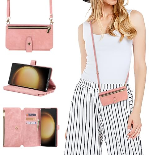 ZCDAYE Handyhülle für Samsung Galaxy S23 Ultra Hülle mit Band, Roségold | Leder Handytasche Geldbörse mit Kartenfächer Handykette, Praktisch Umhängetasche Frauen Brieftasche Portemonnee Klapphülle