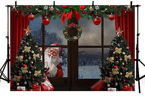 MEHOFOND Toile de Fond pour Sapin de Noël - 3 x 2,1 m - Boîte Cadeau - Guirlande de Père Noël - Décoration de Studio Photo