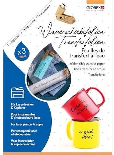 GLOREX 6 1241 700 - Láminas de Transferencia al Agua, 3 Piezas de lámina de Transferencia A4, decoración de Vidrio, cerámica, Velas, Metal, Madera y plástico, para impresoras láser y copiadoras