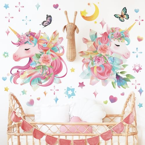 Runtoo Wandtattoo Einhorn Bunt Wandsticker Stern Blume Schmetterling Wandaufkleber Kinderzimmer Babyzimmer Schlafzimmer Wohnzimmer Wanddeko