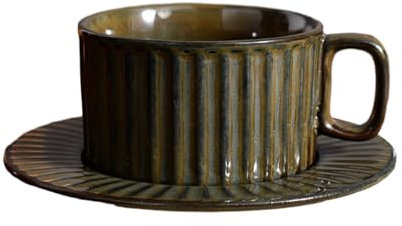 CAPIJIONG Juego de taza de café y plato de cerámica retro para el hogar y la oficina, color bronce antiguo