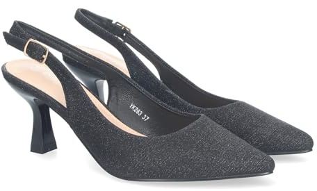 shoes&blues.es 81509-Zapato de Salon para Mujer, Diseno Elegante con Tacon, Abierto por el Talon, Puntera Fina y Cierre de Hebilla Ajustable.. Talla 37 Negro
