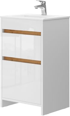 Vicco Waschbeckenunterschrank Weiß Hochglanz/Goldkraft Eiche Detmold, bestehend aus Waschbeckenunterschrank, Waschbecken - mit Praktische Aufbewahrung