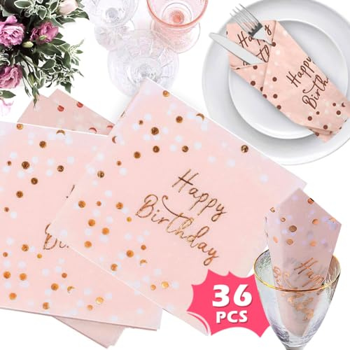Servietten Geburtstag Rosa, 36 Stück Happy Birthday Servietten Rosegold Geburtstagsservietten Papier 33 x 33 cm, 3-lagig Papierservietten für Kinder Mädchen Junge Frau Mann Geburtstag Tischdeko
