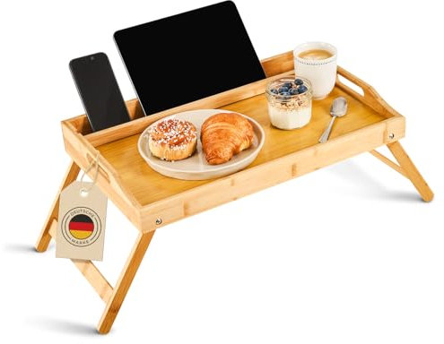 Blumtal Betttablett aus Bambus mit Holzstrebe für Tablets/Handys - Frühstückstablett fürs Bett - Betttisch klappbar 50 x 30 x 6 cm - Tablett Serviertablett mit Beinen - Stabiler Bett Tisch Natur