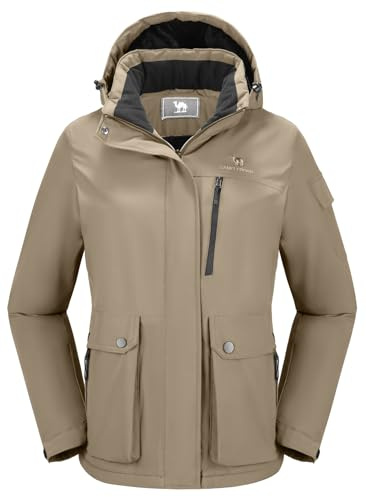 CAMEL CROWN Damen wasserdichte Skijacke Warm Winter Schnee Mantel Wandern Windbreaker Kapuze Outdoor Snowboardjacke, Braun, S