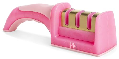 Paris Hilton Aiguiseur de couteaux de cuisine professionnel en 3 étapes avec poignée ergonomique, base antidérapante, et étapes d'affûtage grossières, moyennes et fines, rose