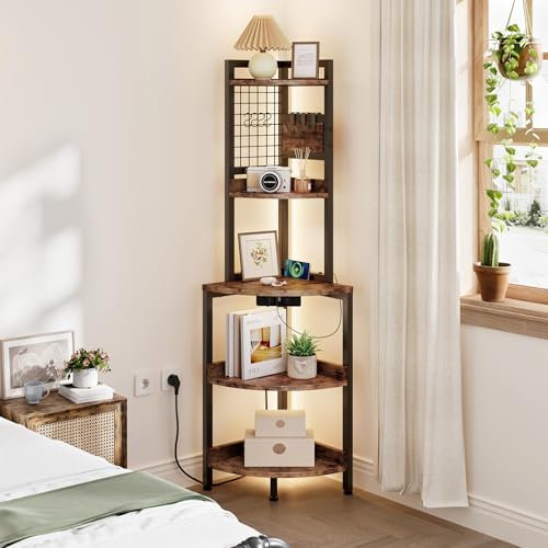 Dripex Eckregal 5 Ebenen mit Steckdosen, Bücherregal, Standregal mit LED Beleuchtung, Pflanzenregal, Aufbewahrungsregal für Wohnzimmer, Küche, Vintagebraun+schwarz, 40x40x152cm