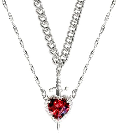 Collier avec pendentif en forme de cœur en forme de rose gothique, collier en forme de cœur et d'épée, collier avec pendentif en forme de cœur en cristal (B-Silver)