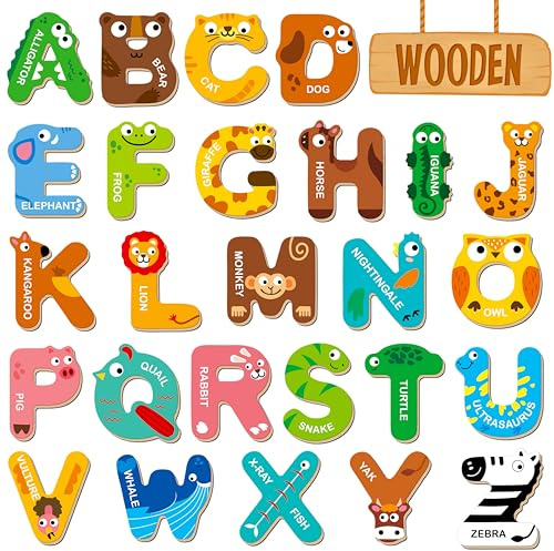 26 Magnetische Holzbuchstaben, Niedliche Tier-Alphabet ABC Holzmagnete für Kühlschrank, Buntes Großbuchstaben-Tierspielzeug-Set für Kinder