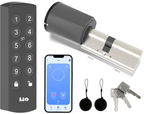Lio Home Elektronisches Türschloss mit Tastatur, Schließzylinder 35/35 | Smart Lock,Tür Entsperren über NFC-Karten, Zahlencode, APP, Schlüssel, Smartes Türschloss mit Akku und Ladegerät.Automatische
