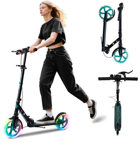 Welmotive Aluminium Cityroller klappbar höhenverstellbar mit Ständer & LED Rädern – Scooter für Kinder & Erwachsene bis 100 kg – Stabiler Tretroller Schwarz
