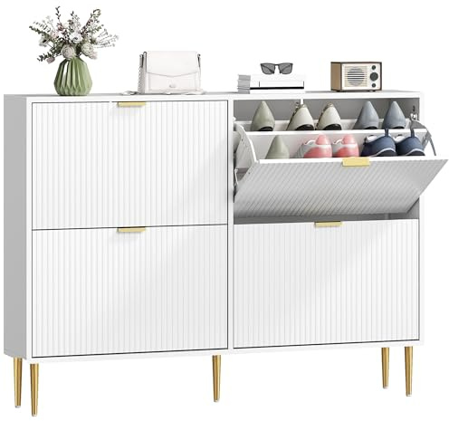 HOMCOM Zapatero Estrecho con 4 Puertas Acanaladas Zapatero Entrada Recibidor con Estantes Ajustables para 20 Pares de Zapatos 105x24x91,5 cm Blanco