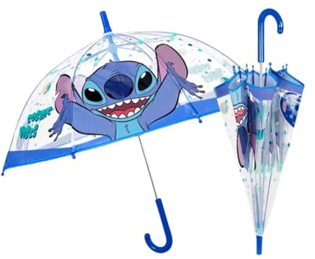 PERLETTI Paraguas Stitch para niños, 45 cm, cúpula transparente, sistema antiviento de fibra de vidrio