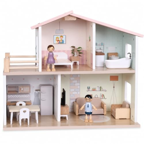 Jumini Wooden Dolls House, Modern Open Plan 2 Storey Doll House with 2 Dolls and 15 Furniture Pieces, Compact Sustainable Dollhouse Gift for Kids 3+