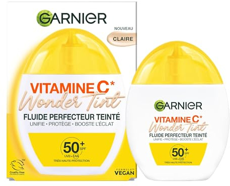 GARNIER - SkinActive Vitamine C - Fluide Perfecteur Teinté Wonder Tint SPF50+ - Soin Teinté Visage Protecteur - Unifie, Hydrate & Réduit les Taches Brunes - Tous Types de Peaux - Teinte Claire - 40 ml