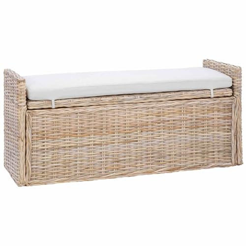vidaXL Storage Bench with Cushion Beige 110 x 40 x 50 cm Rattan, Living Room, Rectangular, Modern Design, Durable Material, Stylish Furniture, Comfortable Seating, Innovative Lighting x 1