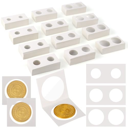 600 stycken Mynthållare i kartong, 12 olika storlekar, 5 cm x 5 cm myntficka med genomskinligt fönster, fickor för myntalbum för dollar, cent, kvarter, nickel och minnesmynt