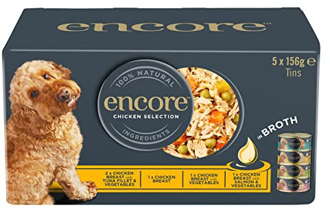 Encore 100 Percent Natural Adult Wet Dog Food, Chicken and Fish Selection Multipack in Broth 156g Tin (5 x 156g Tins)