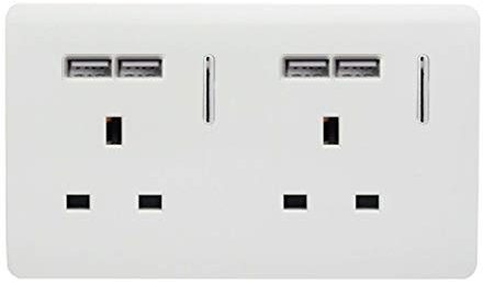 Trendi 2 Gang Artistic Modern Glossy Screwless Raised 13 Amp 240v Short 4 USB Type A Charging Points Double Chrome Switched Electrical Wall Plug Socket Ice White - ART-SKT213USBWH