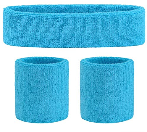 ONUPGO unisex vuxen set sport pannband och handled bomull svettband, C neon blue, pannbandsstorlek 7,6 x 2,1 tum, armbandsstorlek: ca 8,4 x 3 14 tum