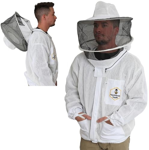 Ventilated Bee Jacket for Men and Women with Gloves and Detachable Round Veil, 3-Layer Beekeeping Jacket, YKK Brass Zippers (Large)
