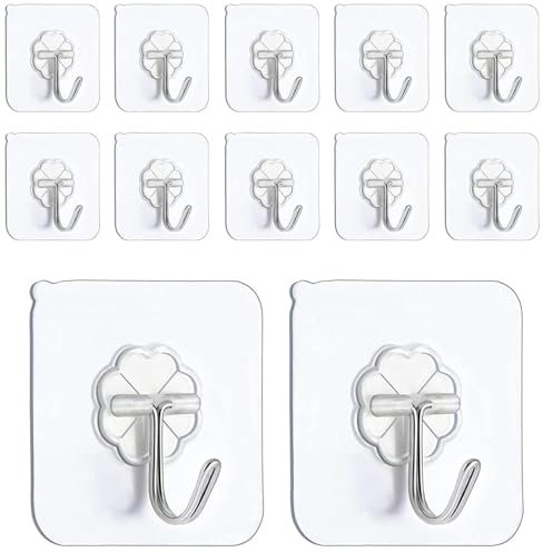 Koksi No Drill Hooks Self-Adhesive Hanger, Use in Kitchens, Bathrooms, Hallways for Coats, Towels, Hats, Robes (12 Plastic Hooks)