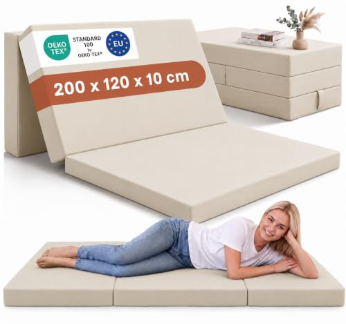 Odolplusz Klappmatratze Faltmatratze Klappbett - Made IN EU - als Matratze Gästebett Gästematratze einsetzbar (Beige, 120 x 200 cm)